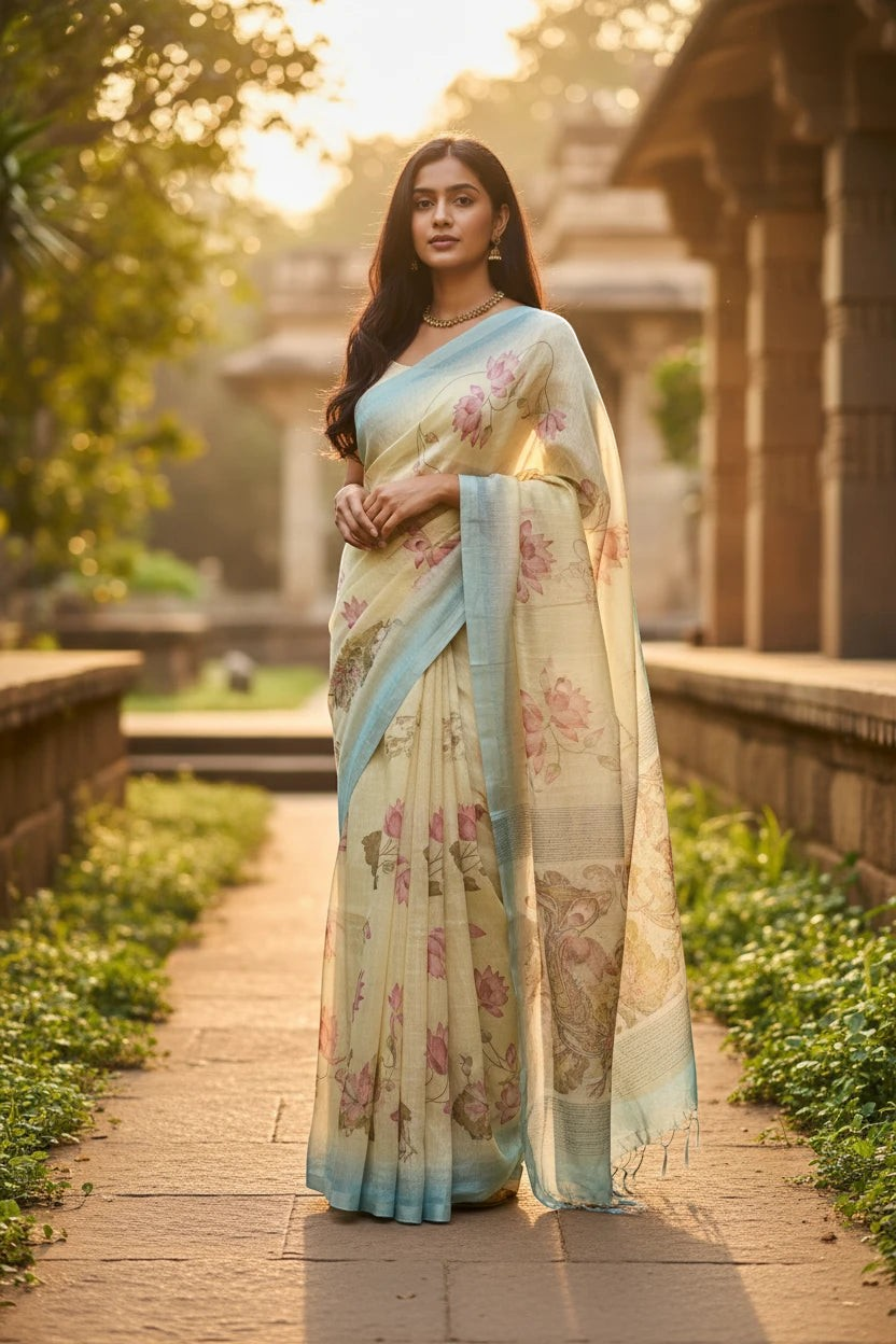 Butter yellow and blue Kora Linen Saree with Pichwai Artwork