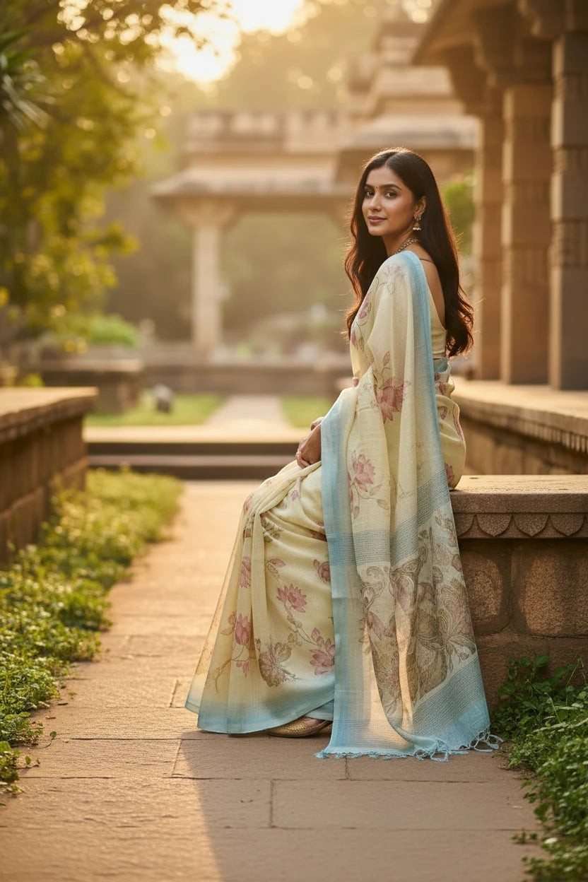 Butter yellow and blue Kora Linen Saree with Pichwai Artwork