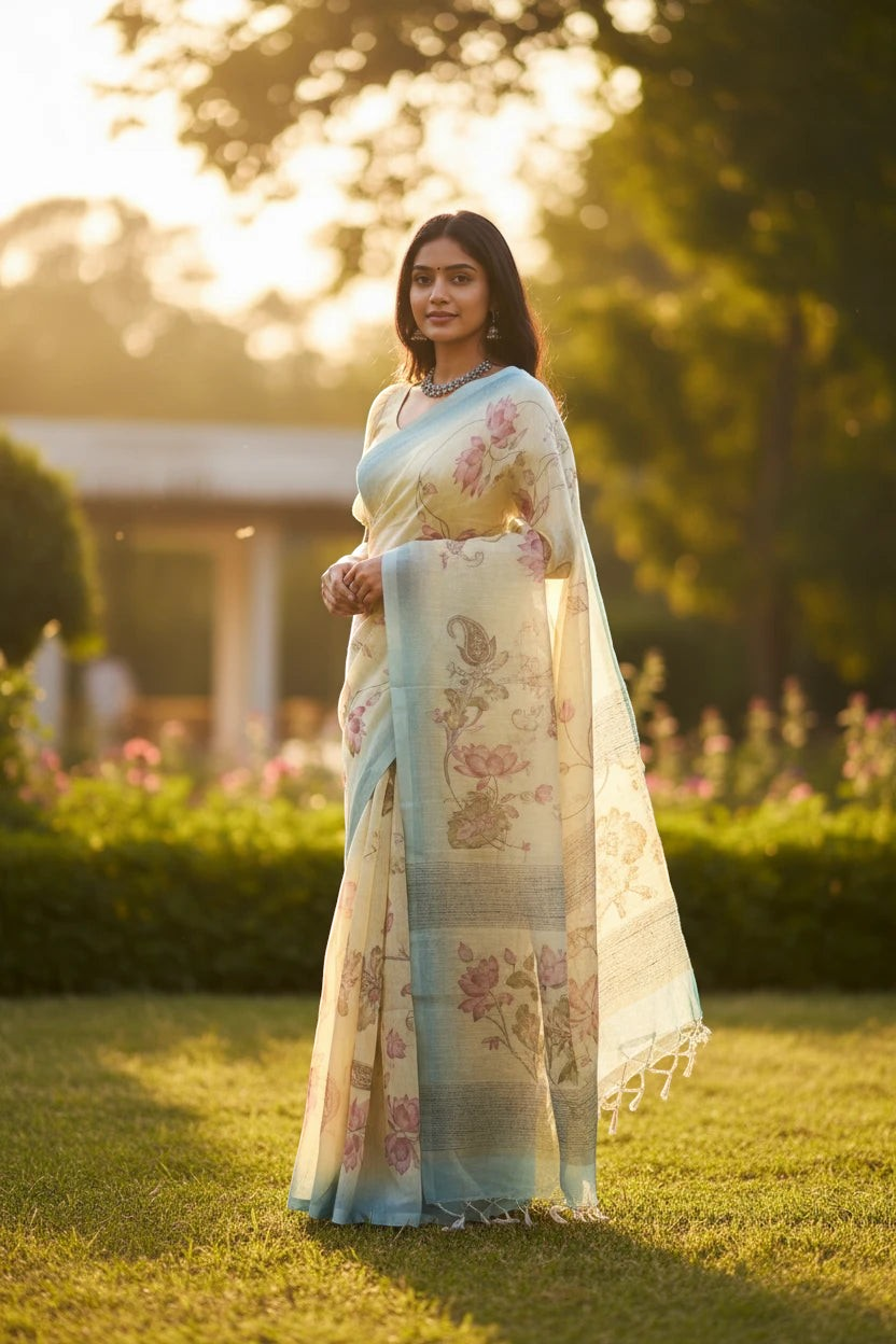 Butter yellow and blue Kora Linen Saree with Pichwai Artwork