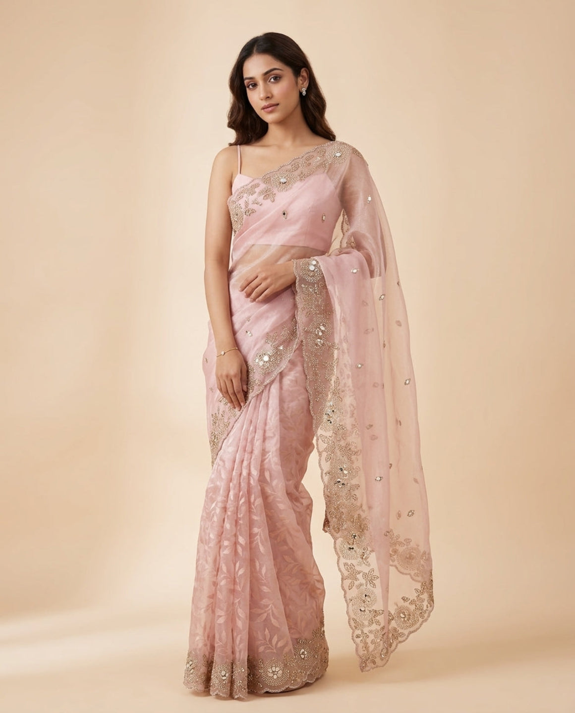 Blush Pink Organza Saree with Mirror Work & Scalloped Border | The Saree Shop