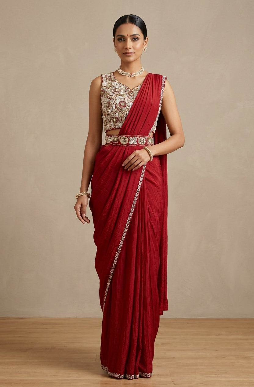 Crimson Red Pre-Draped Saree with Embellished Blouse & Belt | The Saree Shop