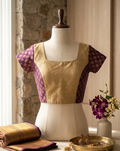 gold silk blouse with plum banarasi sleeves | The Saree Shop