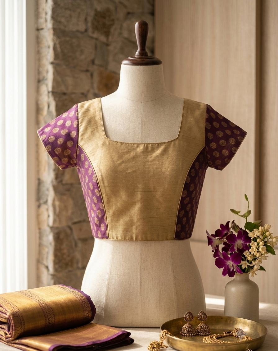 gold silk blouse with plum banarasi sleeves | The Saree Shop