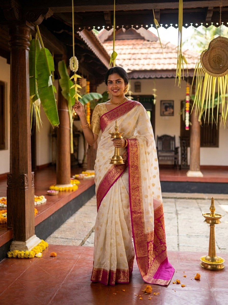 Cream Zari Booti Georgette Saree with Magenta Border