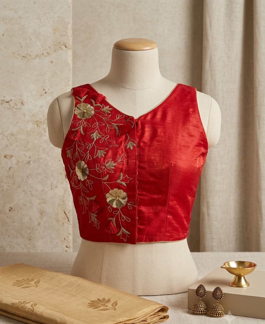 red silk blouse with gold zardozi floral embroidery | The Saree Shop
