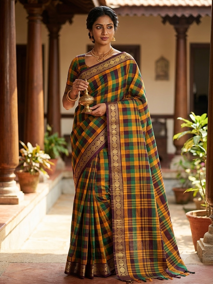 Kattam Check Cotton Saree with Zari Border | The Saree Shop