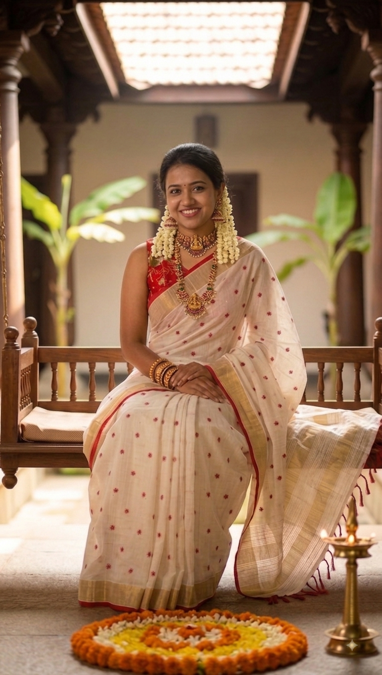 White and red linen saree with thread embroidery and gold zari border