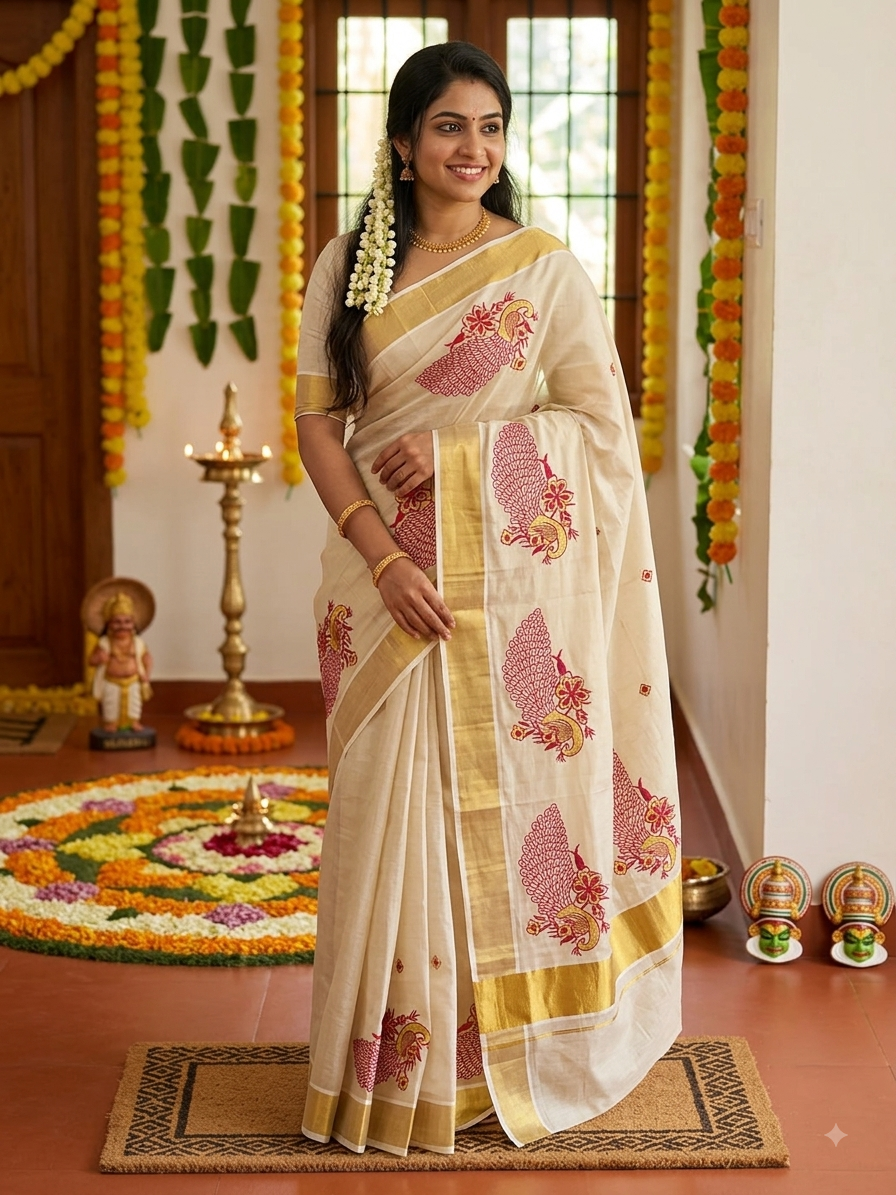 mayura kasavu saree — ivory, gold and pink