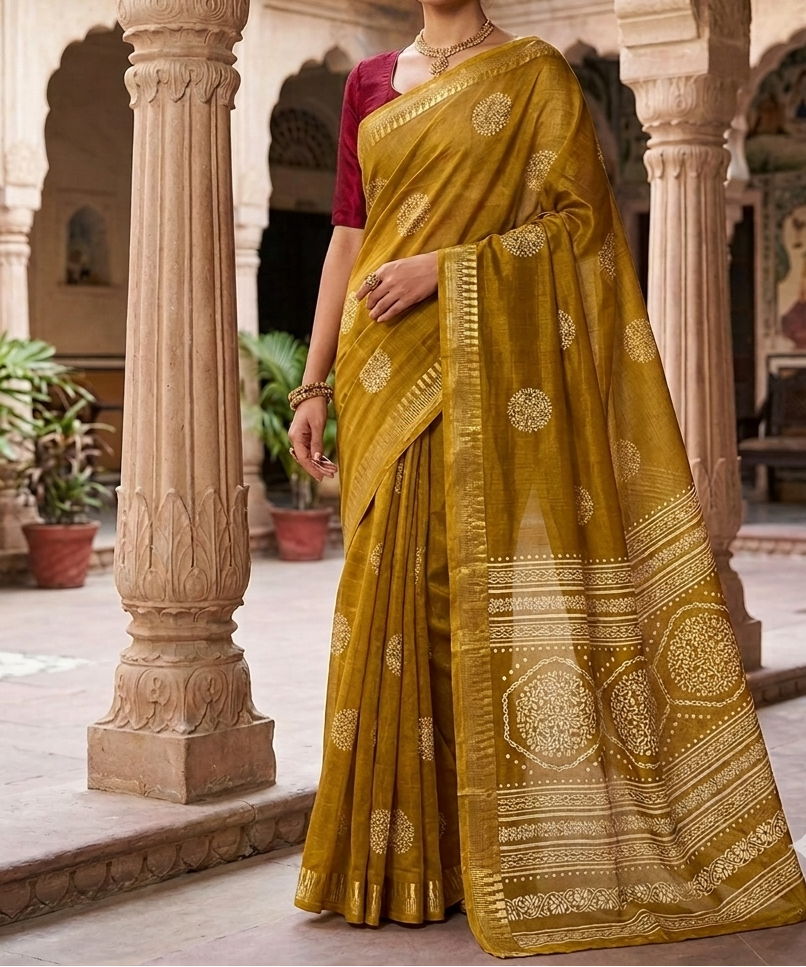 Mustard Yellow  Silk Cotton Saree With Zari Border | The Saree Shop