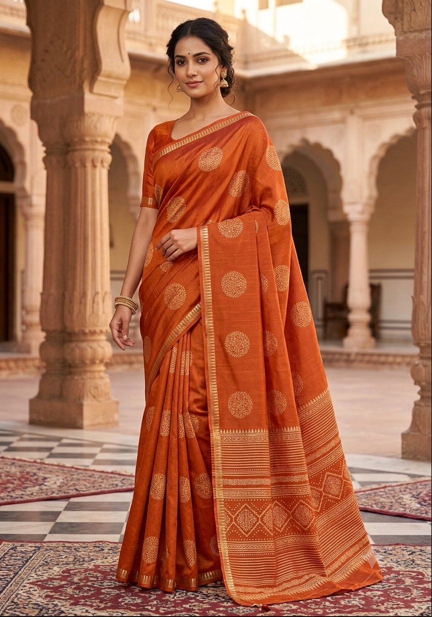 Kesari Silk Cotton Saree With Zari Border | The Saree Shop