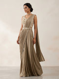 Olive Green Pre-Draped Saree with Embellished Blouse & Belt | The Saree Shop