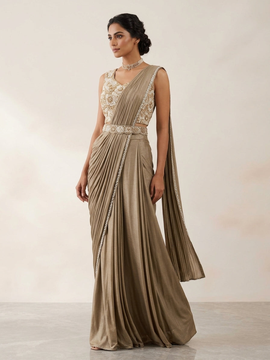 Olive Green Pre-Draped Saree with Embellished Blouse & Belt | The Saree Shop
