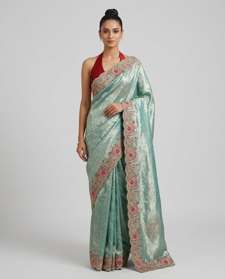 Sea Green Silk Saree with Multicolour Embroidered Border | Festive & Bridal Wear| The Saree Shop (Copy)