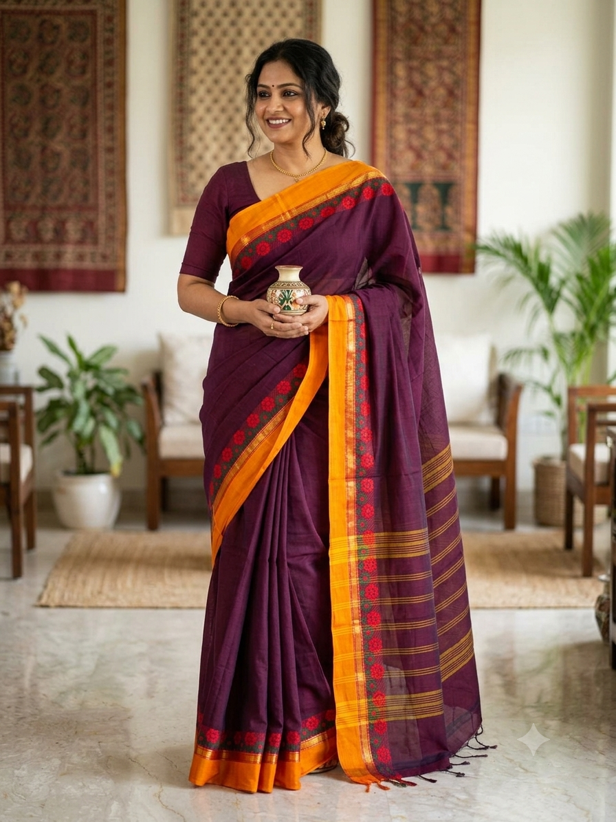 Wine Cotton Saree with Floral Mustard Border | The Saree Shop