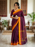 Wine Cotton Saree with Floral Mustard Border | The Saree Shop