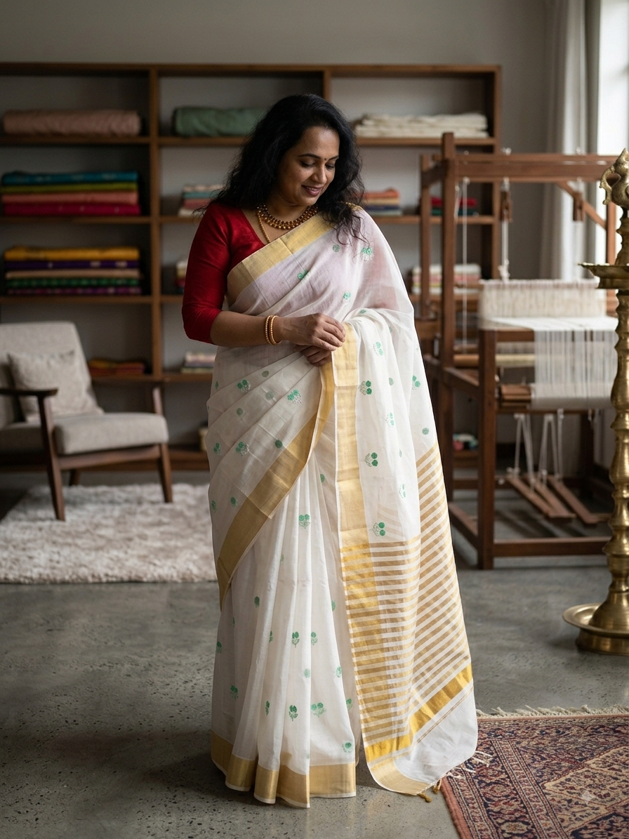 Off-White mul cotton saree with pista green and gold embroidery
