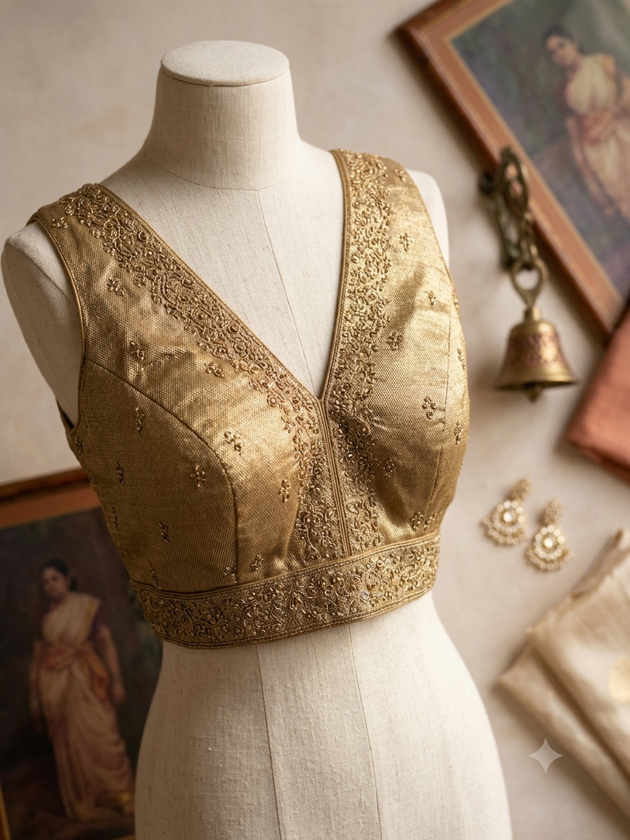 Antique Gold Zardozi-Border Blouse | The Saree Shop
