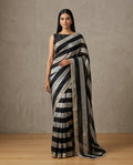 Black & Silver Striped Saree with Gold Scalloped Border | Contemporary Metallic Drape| The Saree Shop