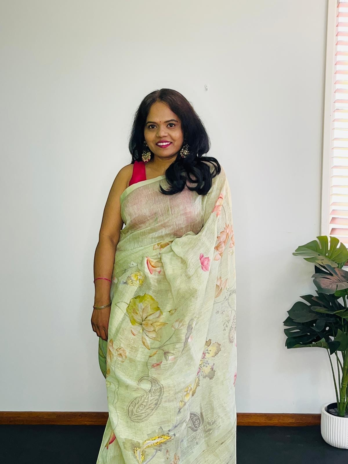 Pista Green Kora Linen Saree with Pichwai Artwork