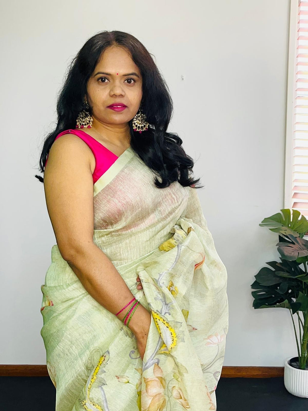 Pista Green Kora Linen Saree with Pichwai Artwork