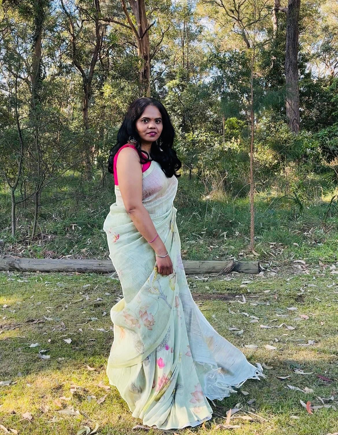 Pista Green Kora Linen Saree with Pichwai Artwork