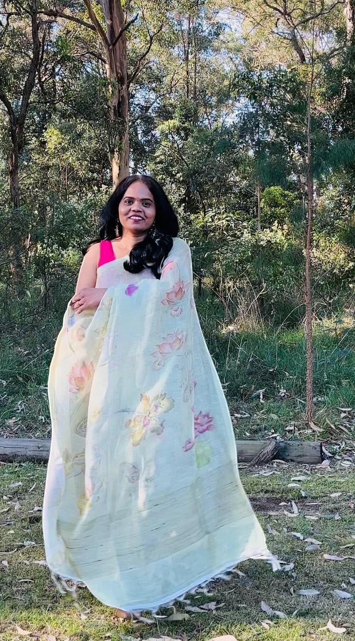 Pista Green Kora Linen Saree with Pichwai Artwork