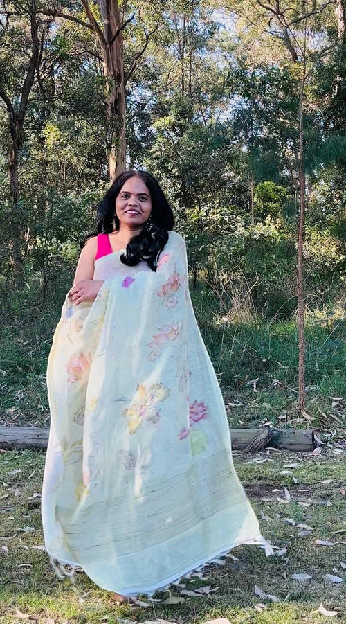 Pista Green Kora Linen Saree with Pichwai Artwork