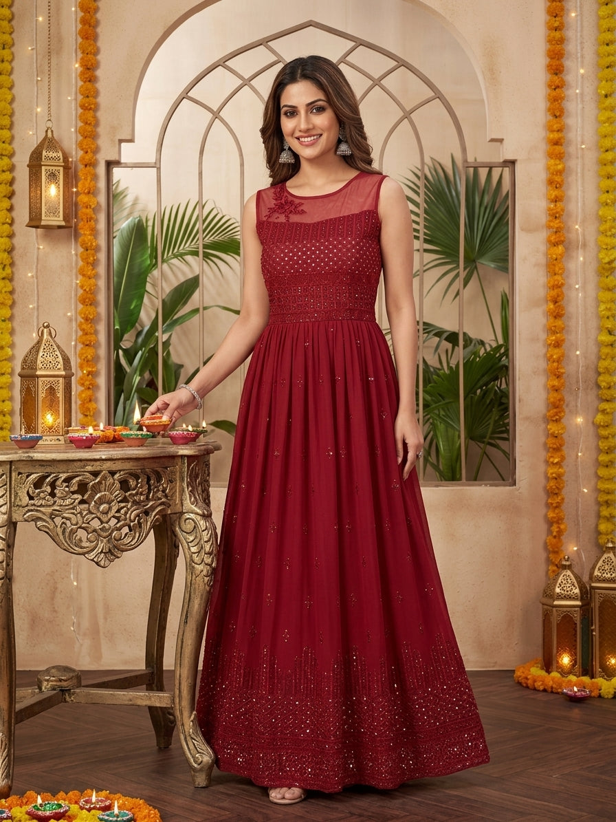 A woman models a sleeveless, floor-length maroon red gown with intricate embroidery and sheer mesh detailing, set against a decorated indoor backdrop with festive lights and garlands celebrating Diwali.