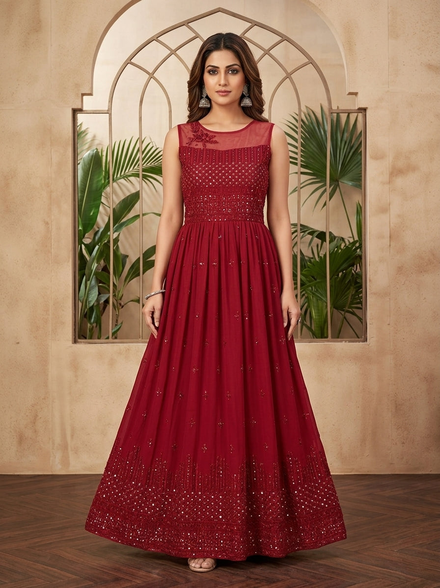 Maroon sequin embellished anarkali gown with sheer embroidered yoke, sleeveless georgette party wear