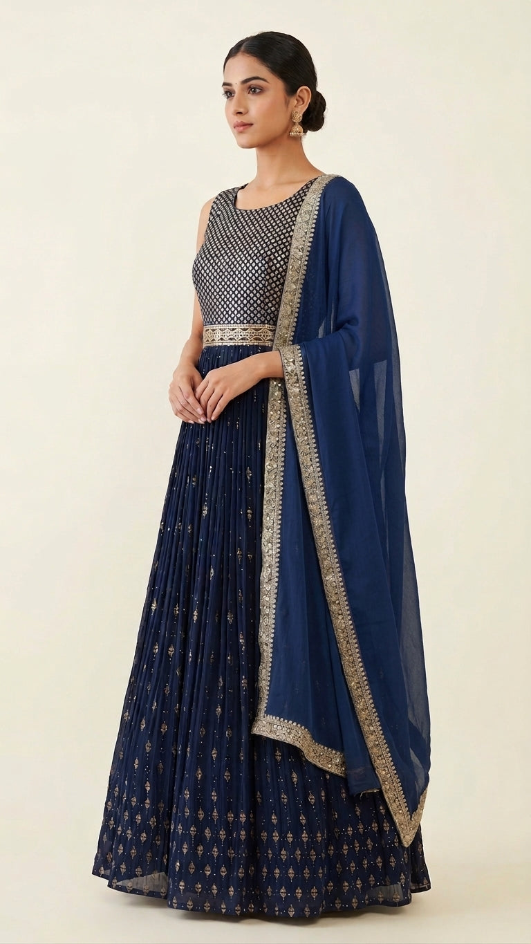 Woman in a navy blue floor-length anarkali suit with gold brocade bodice, embellished belt and sequin-embroidered dupatta