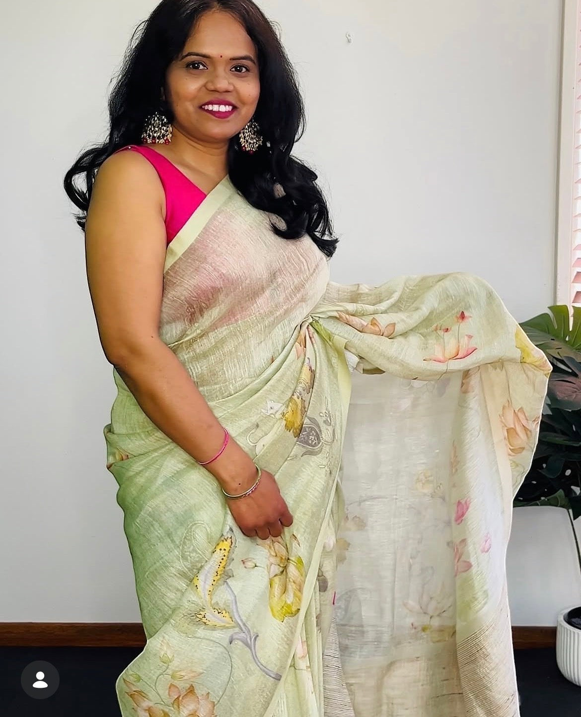 Pista Green Kora Linen Saree with Pichwai Artwork