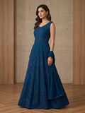 Teal sequin embellished anarkali gown with matching dupatta, sleeveless georgette party wear
