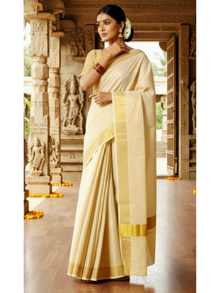 Kerala Kasavu Tissue Silk Saree | Traditional Gold Border | Rang