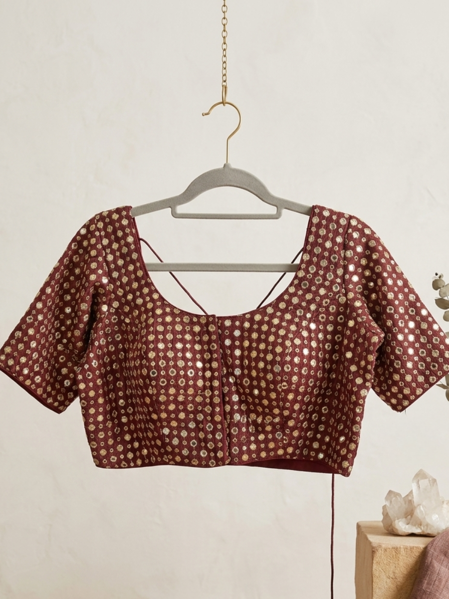 Wine Mirror-Work Embroidered Blouse  | The Saree Shop