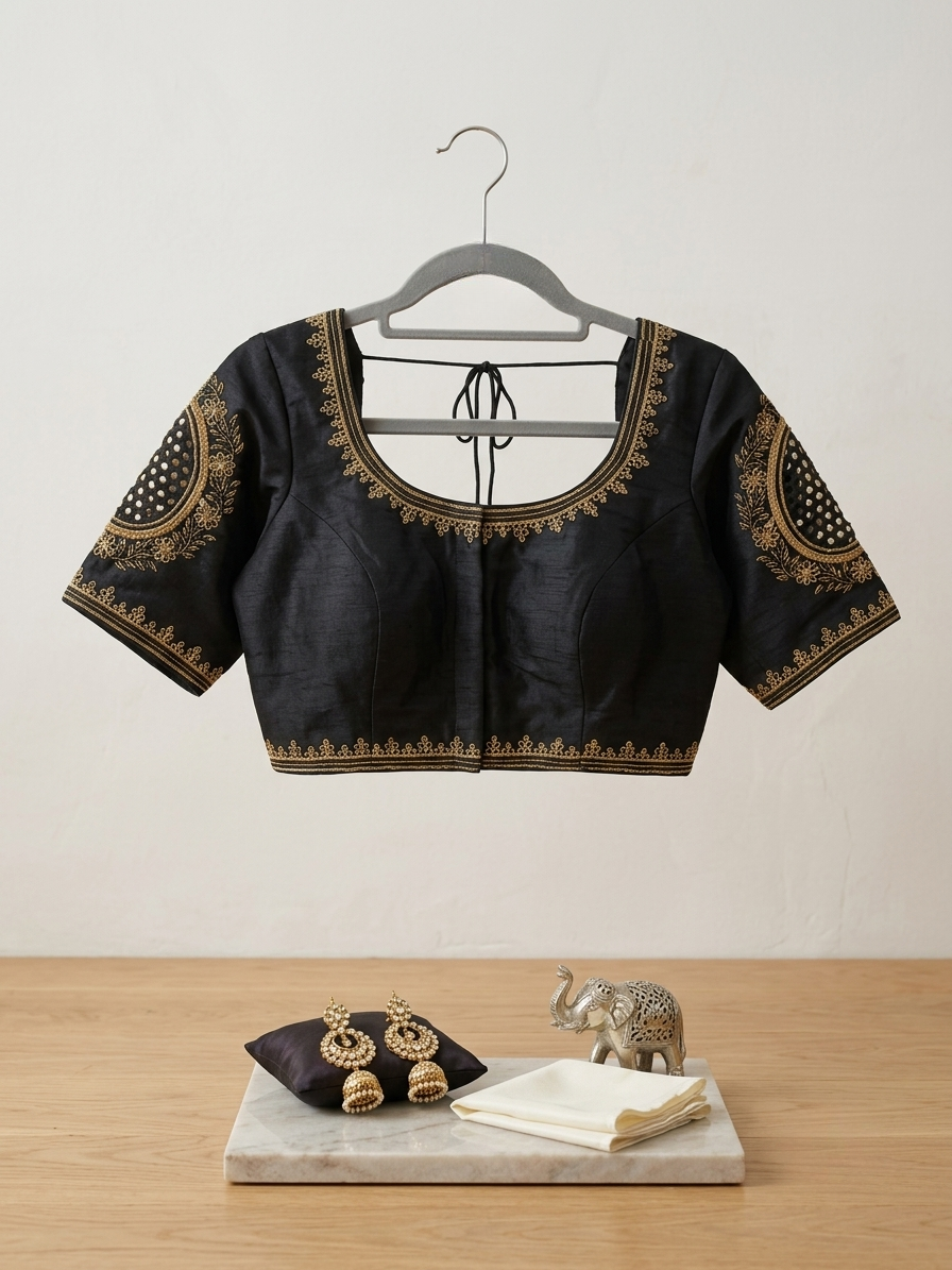 Black Silk Sleeved Blouse With Golden Embroidery | The Saree Shop
