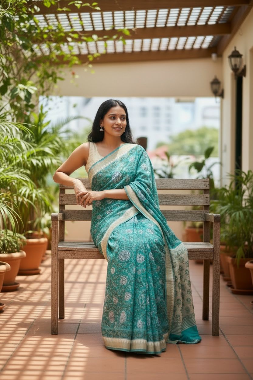 Teal And Cream Cotton Ajrakh Saree | Hand Block Print | Natural Dyed