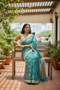 Teal And Cream Cotton Ajrakh Saree | Hand Block Print | Natural Dyed