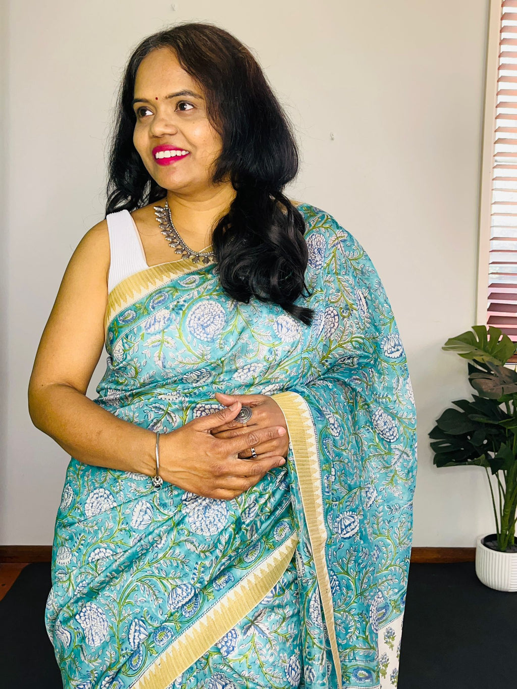 Teal And Cream Cotton Ajrakh Saree | Hand Block Print | Natural Dyed