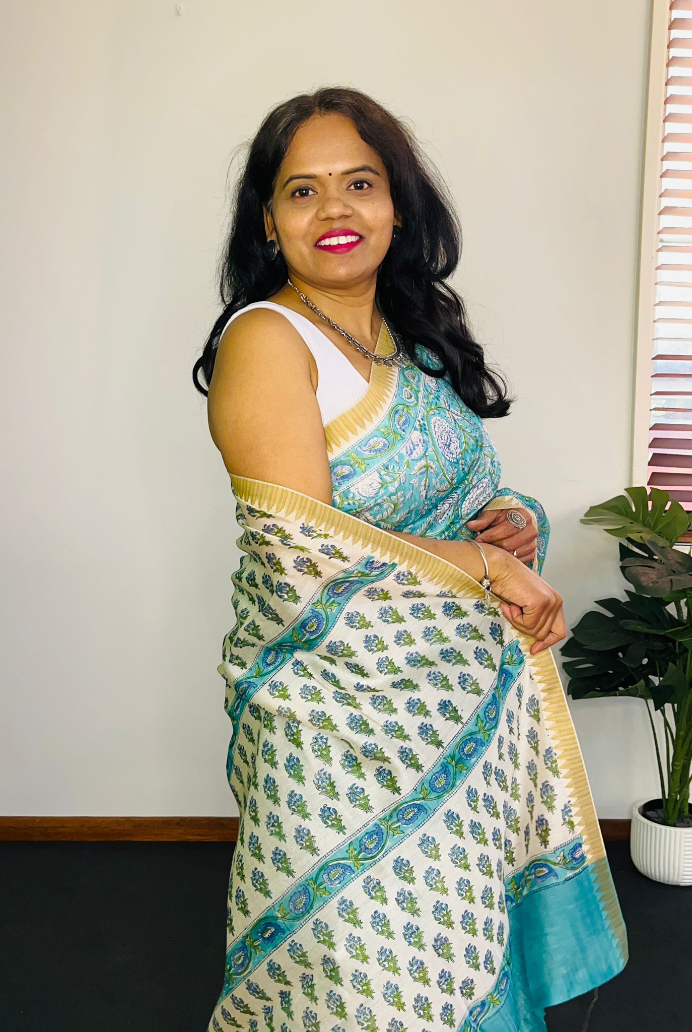 Teal And Cream Cotton Ajrakh Saree | Hand Block Print | Natural Dyed