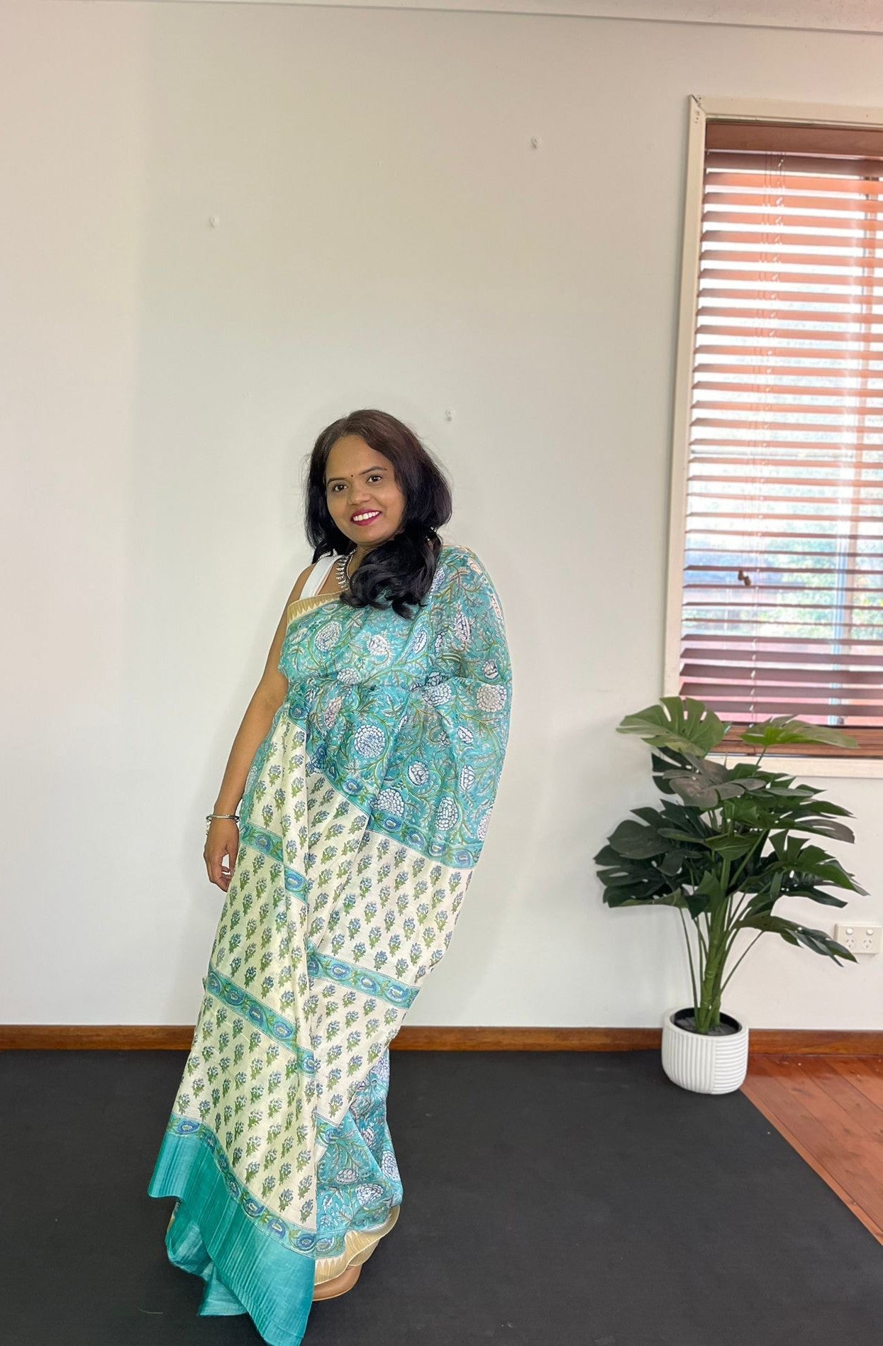 Teal And Cream Cotton Ajrakh Saree | Hand Block Print | Natural Dyed