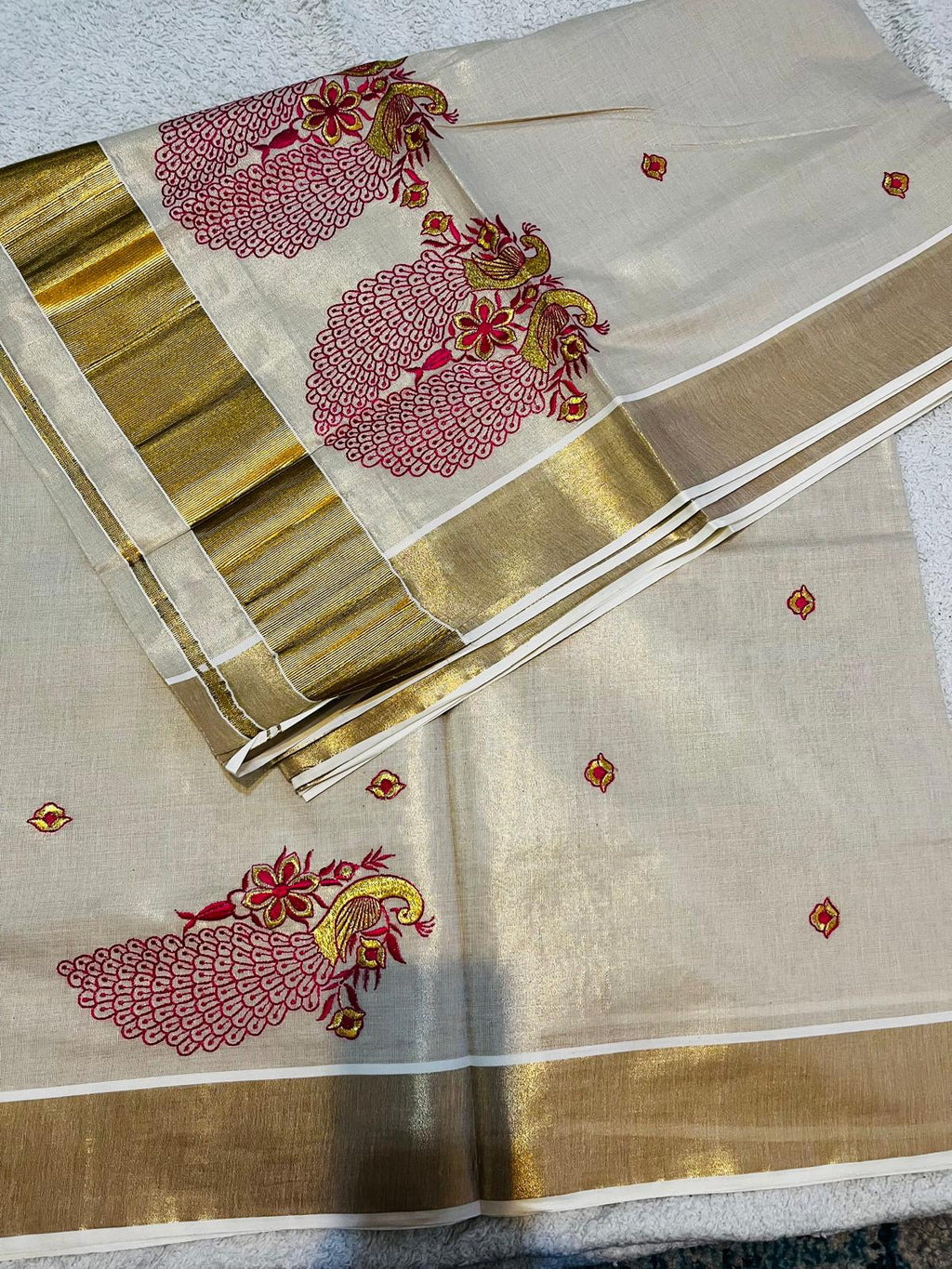 mayura kasavu saree — ivory, gold and pink