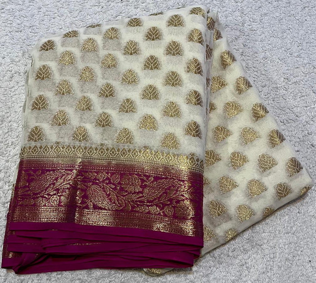 Cream Zari Booti Georgette Saree with Magenta Border