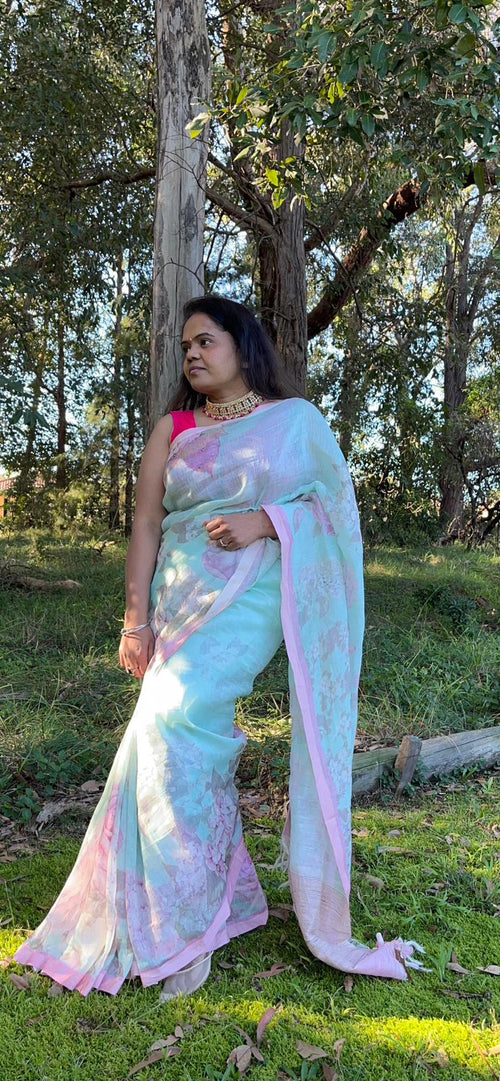 Pastel blue and pink Kora Linen Saree with Pichwai Artwork