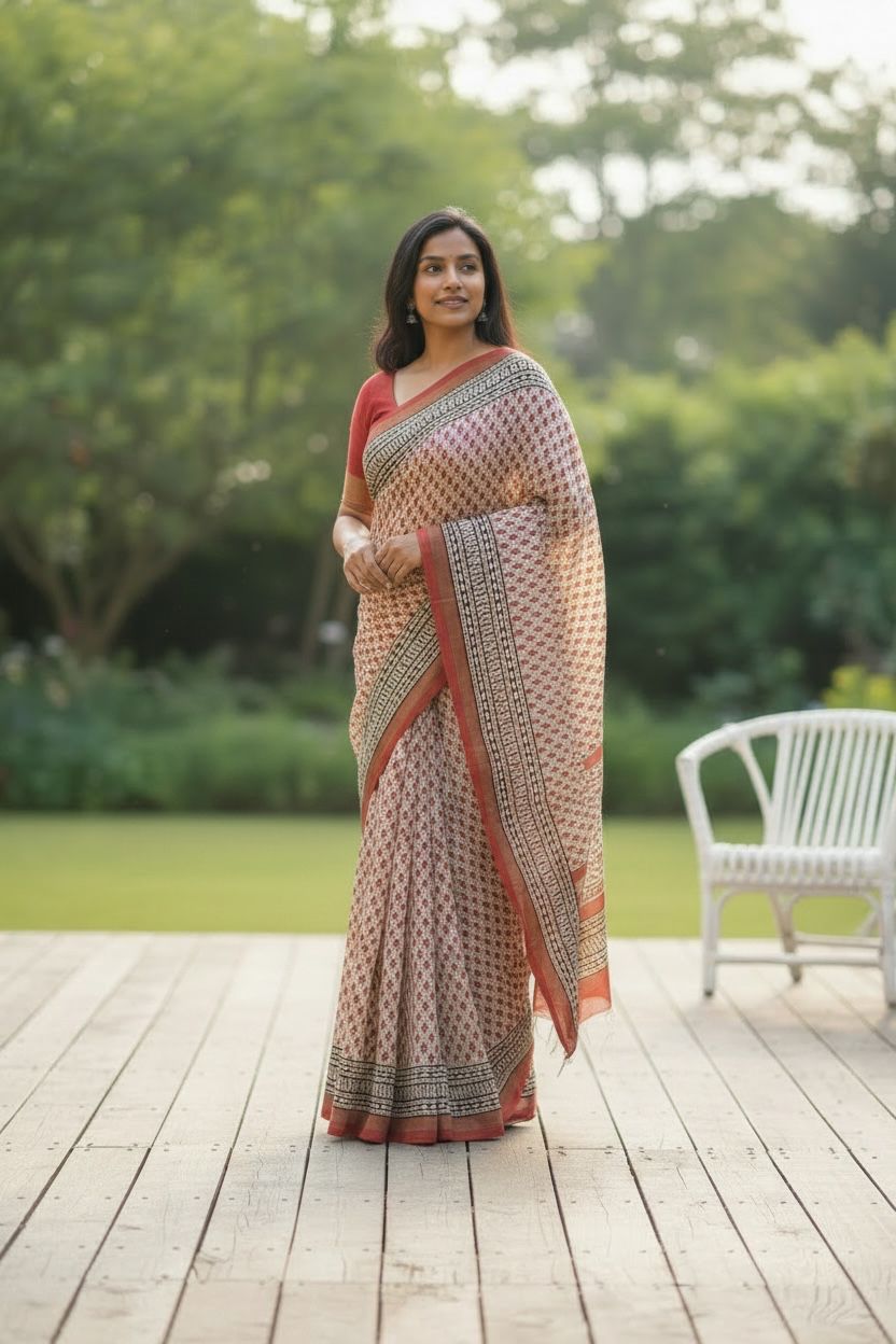 Warm Ivory And Rust Cotton Ajrakh Saree | Hand Block Print | Natural Dyed