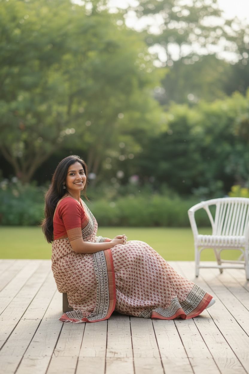 Warm Ivory And Rust Cotton Ajrakh Saree | Hand Block Print | Natural Dyed