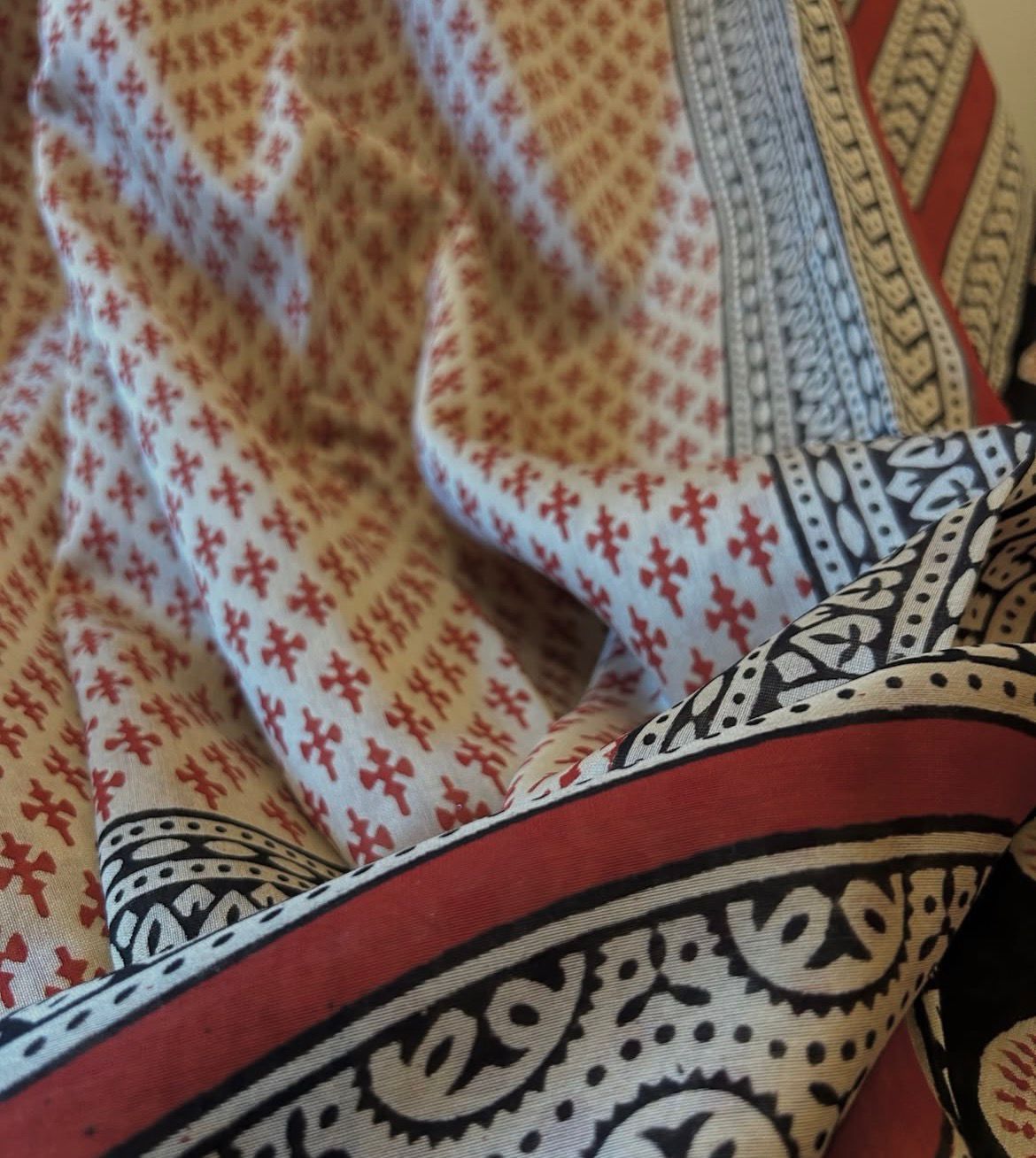 Warm Ivory And Rust Cotton Ajrakh Saree | Hand Block Print | Natural Dyed