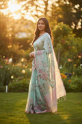 Pastel blue and pink Kora Linen Saree with Pichwai Artwork