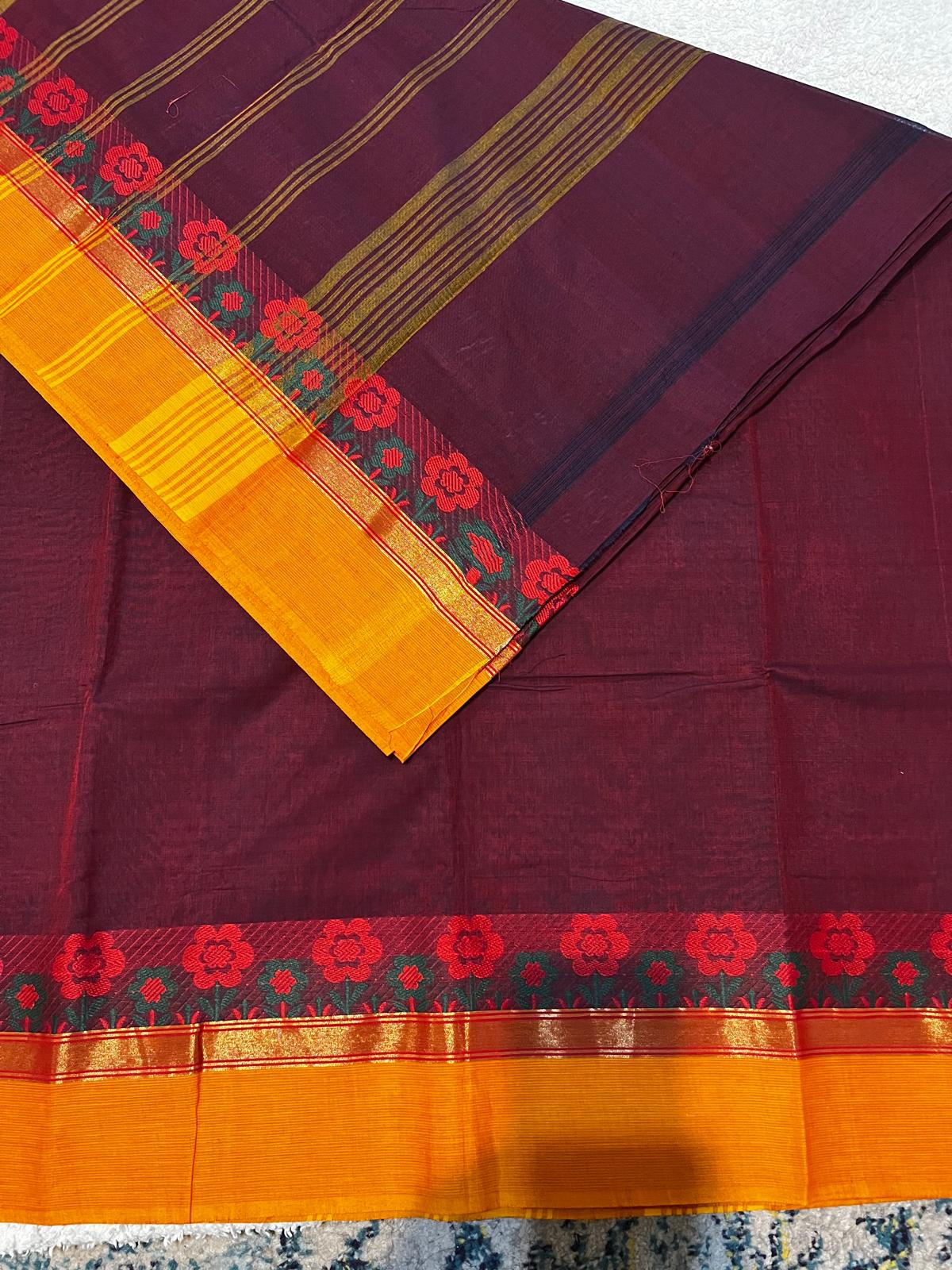 Wine Cotton Saree with Floral Mustard Border | The Saree Shop