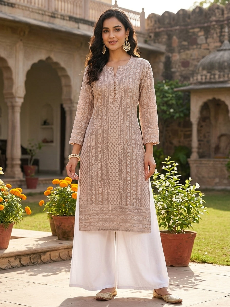 beige chikankari kurti georgette, sequin detail | Indian Party Wear | The Saree Shop