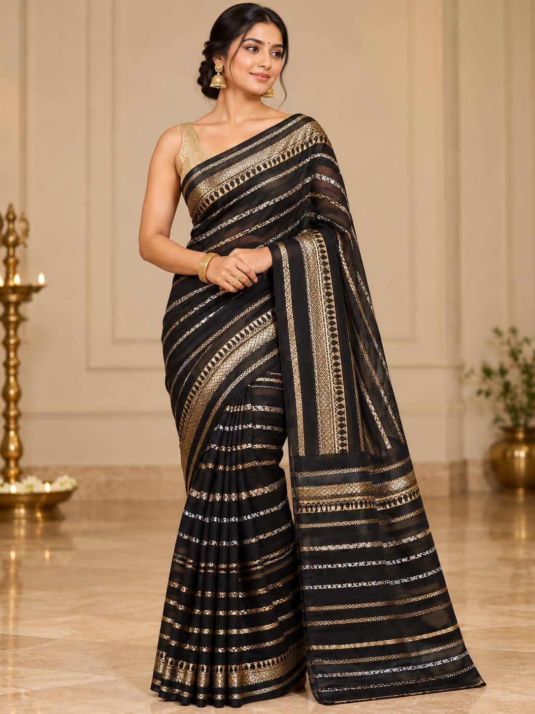 Black & Gold Striped Georgette Saree | The Saree Shop
